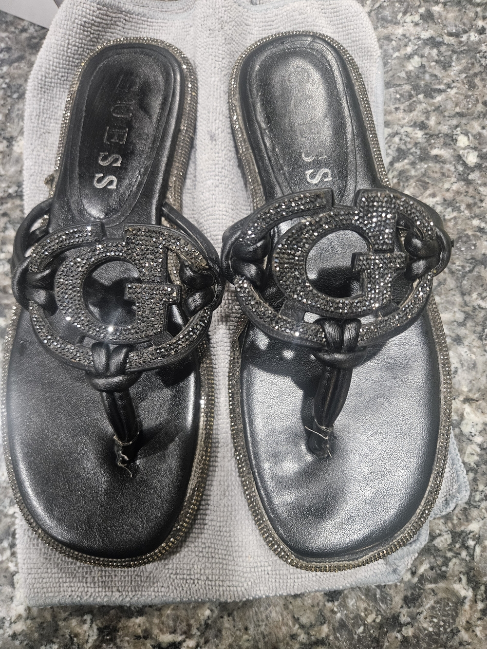 Guess Black Rhinestone Logo Thong Sandals